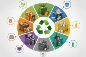 Infografica raccolta differenziata con diverse categorie di rifiuti