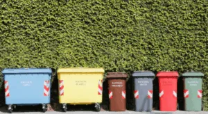 Bidoni raccolta differenziata davanti a siepe verde