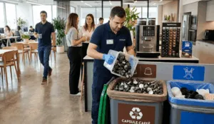 Uomo ricicla capsule caffè in ufficio