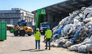 Operai in impianto di gestione rifiuti industriali