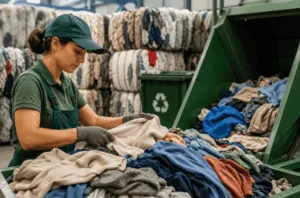 Addetta seleziona indumenti in un impianto di riciclo tessile