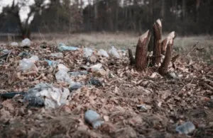 Rifiuti di plastica sparsi in un bosco