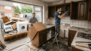 Uomini ristrutturano cucina smontando mobili